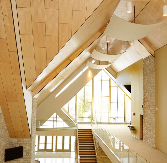 WoodTrends Elite Ceiling Panel System creates a genuine wood veneered ceiling, easily installed into a standard 15/16” T-grid, leaving a 3/8” pencil line reveal between panels.