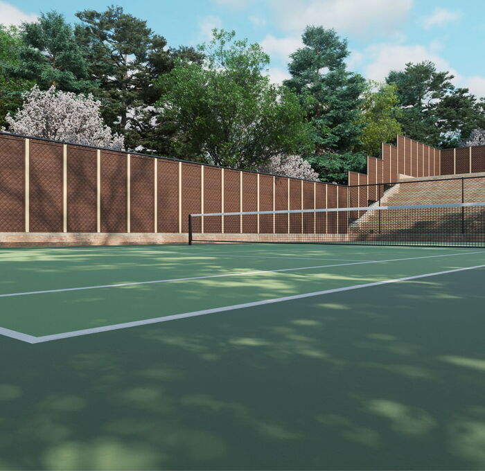 Vivid-BBC-2 noise barrier and a sound absorber in one composite product in use on a Tennis Court