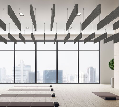 Ceiling Baffles used in a yoga studio
